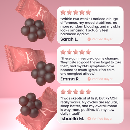 Verified buyer reviews of KYACHI gummies describing reduced PMS symptoms, more energy, and emotional balance.