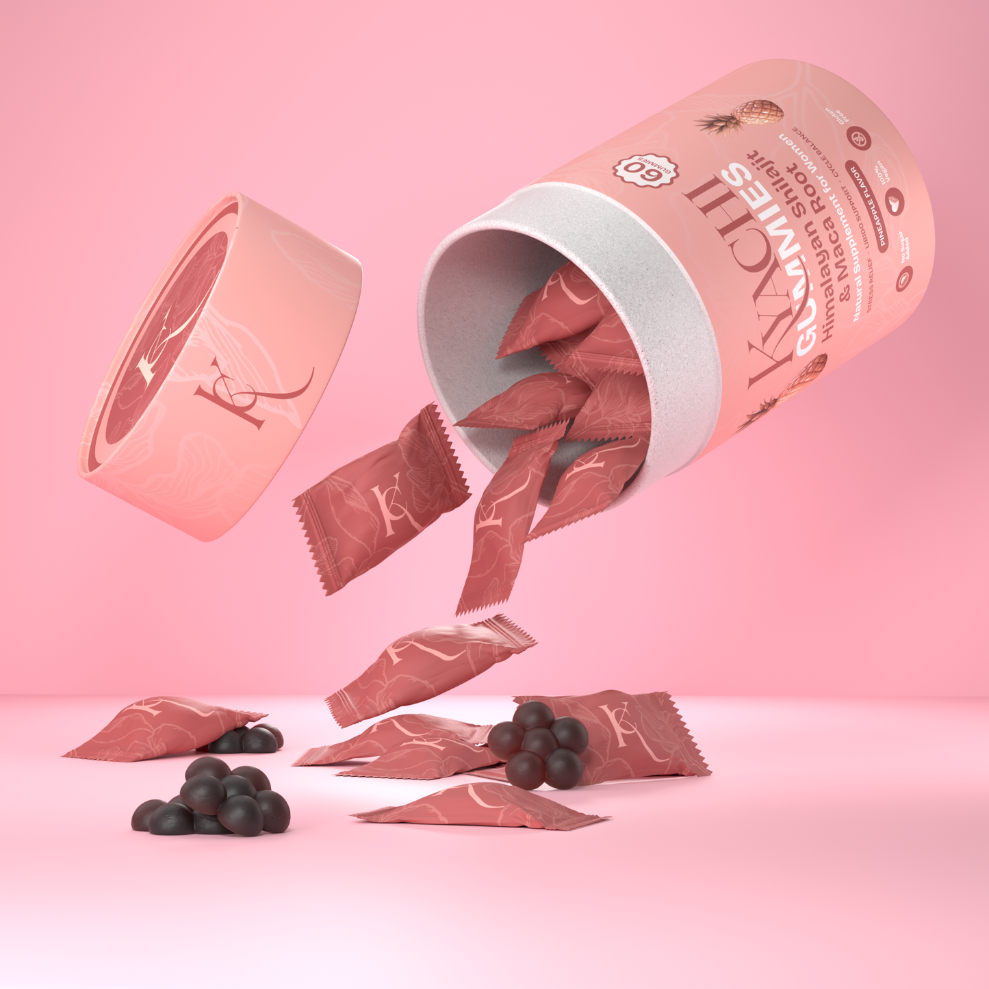 KYACHI Hormone Balance Gummies packaging with pink background and pineapple flavor details for women’s hormonal wellness.
