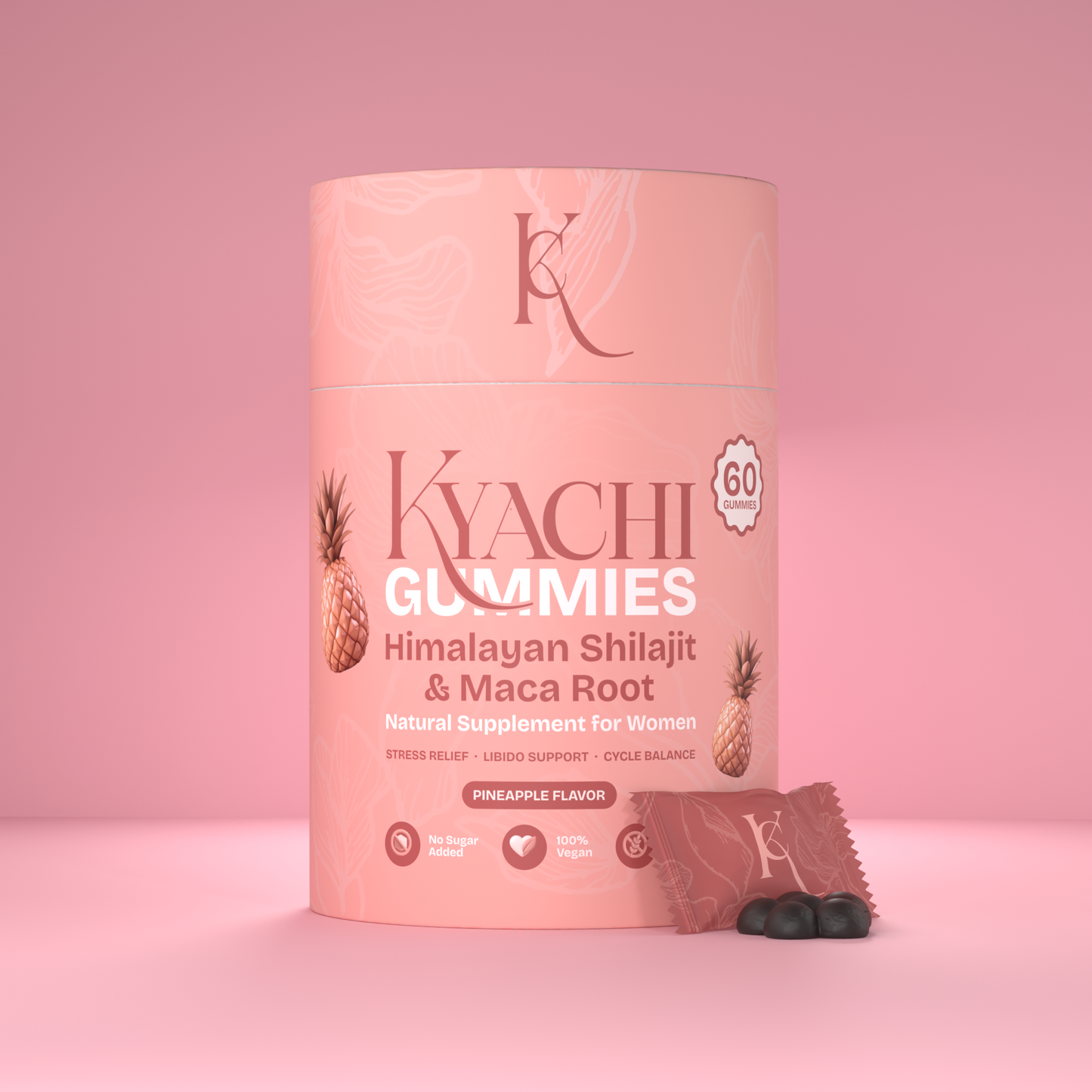 KYACHI Hormone Balance Gummies packaging with pink background and pineapple flavor details for women’s hormonal wellness.